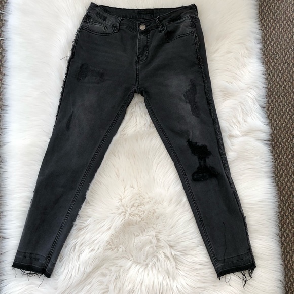 Denim - Acid Wash Destroyed Frayed Ankle Skinny Jeans 27